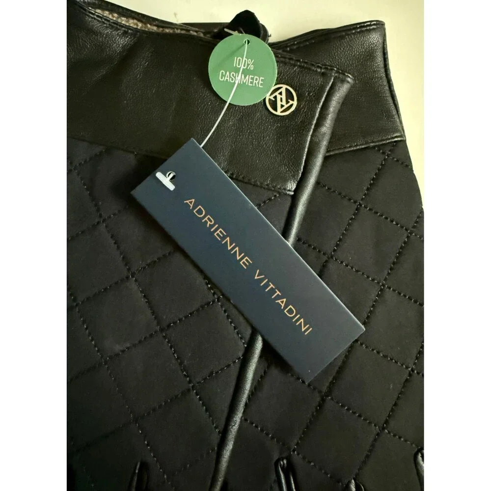 Adrienne Vittadini 100% Cashmere Lined Ladies Gloves Black Quilt Top Leather XL